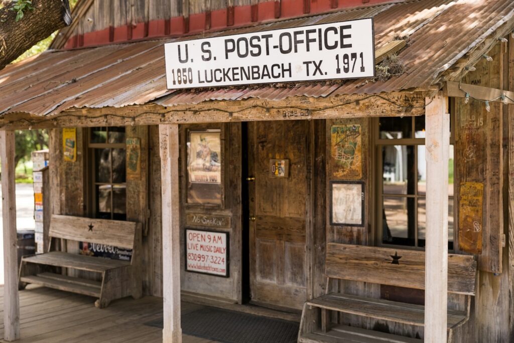 The historic U.S. Post Office building in Luckenbach, Texas